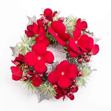 Mini couronne de bougies artificielle ENDRE, hortensia et baies, neige, rouge, Ø15cm