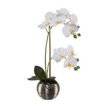 Fleur décorative Orchidée Phalaenopsis ZARFU, pot décoratif argenté, racines, blanc, 40cm