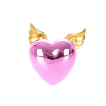Cœur décoratif DIZZY avec des ailes, en céramique, rose fuchsia-doré, 11x9x4cm
