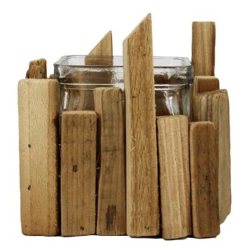 Maxi verre à bougie SEAN avec support en bois, transparent-beige, 10,5x10,5x10cm