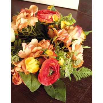 Couronne d'hortensias décorative SUNA, renoncule, rose, orange-rouge, Ø30cm