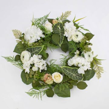 Couronne d'hortensias décorative SUNA, renoncule, rose, blanc-vert, Ø50cm