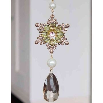 Suspension acrylique Fleur de glace ZERA, goutte, paillettes, vert-or, 16cm, Ø6cm