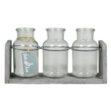 Bouteilles en verre LORRIE avec support en bois, 3 verres, transparent, 25x8x13cm