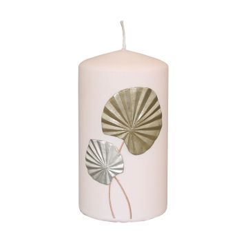 Bougie pilier LLUVIA, motif feuille de palmier, rose tendre, 13cm, Ø7cm, 52h