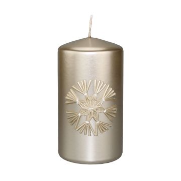 Bougie pilier DINORA avec motif étoile de paille, perle, 13cm, Ø7cm, 52h - Made in Germany