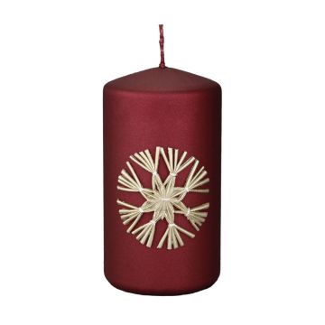 Bougie pilier DINORA avec motif étoile de paille, rouge carmin, 13cm, Ø7cm, 52h - Made in Germany