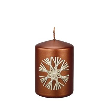 Bougie pilier DINORA avec motif étoile de paille, cognac, 10cm, Ø7cm, 42h - Made in Germany