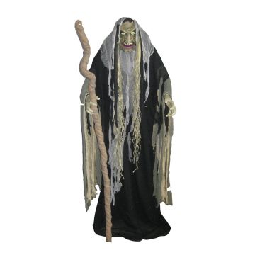 Figurine décorative d'Halloween Sorcière WALPURGA avec canne, fonction sonore et mouvement, LEDs, 153cm