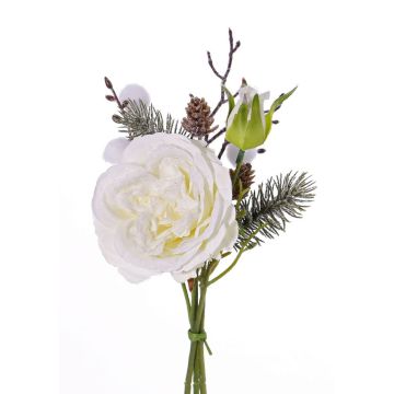 Bouquet de roses artificielles FANNI, pommes de pin, neige, blanc, 30cm, Ø15cm