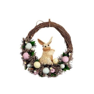 Couronne décorative de Pâques NANOUK avec lièvre, œufs, fleurs, brindilles, rose-bleu-jaune, 8,5cm, Ø34cm