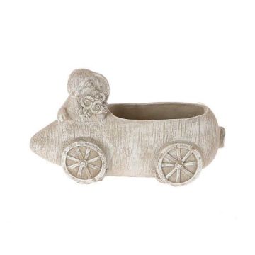 Pot à plantes Voiture RIANAS avec lièvre, ciment, décoration de Pâques, gris-blanc, 18x9x9,5cm