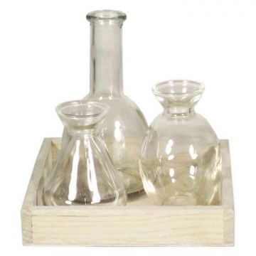 Petites bouteilles en verre KAYRA, 3 pièces avec plateau en bois, cylindre/rond, transparent, 17x17x16cm