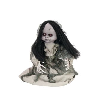 Figurine décorative d'Halloween Poupée d'horreur BARLETTA avec fonction de mouvement, bruits de fantômes, LEDs, 45cm