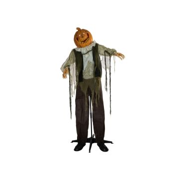 Figurine d'Halloween citrouille squelette de mort-vivant GRIMALDO, fonction sonore et mouvement, LEDs, 170cm