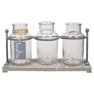 Bouteilles en verre LORRIE avec support en bois, 3 verres, transparent, 27,5x10x14,5cm