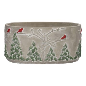 Coupe à fleurs ovale MILKE en béton, motif d'oiseaux hivernal, gris-rouge-vert, 20,5x11,8x10cm
