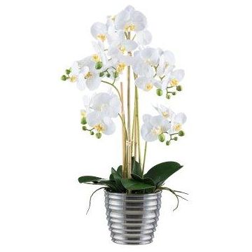 Orchidée Phalaenopsis en tissu VORDLIN, pot en céramique argenté, racines, blanc, 60cm