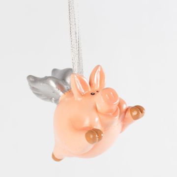 Pendentif déco cochon EMBLA avec ailes, céramique, rose-argent, 7x5x7cm