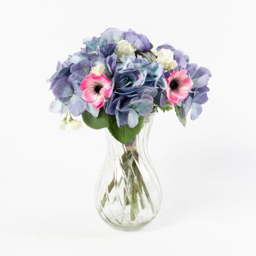 Bouquet décoratif PENELOPE, anémones et hortensias, bleu-blanc, 30cm, Ø20cm