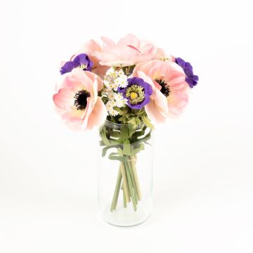 Bouquet décoratif AIMEE, anémones et marguerites, bleu-rose, 30cm, Ø20cm
