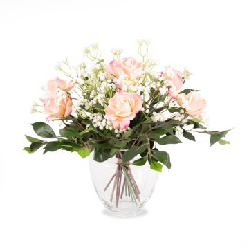 Bouquet artificiel AMELIE, roses et gypsophile, rose, 45cm, Ø40cm