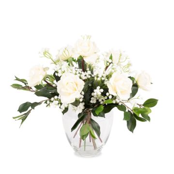 Bouquet artificiel AMELIE, roses et gypsophile, blanc, 45cm, Ø40cm