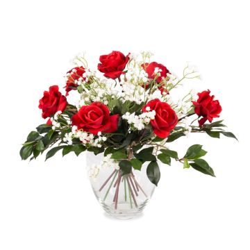 Bouquet artificiel AMELIE, roses et gypsophile, rouge, 45cm, Ø40cm