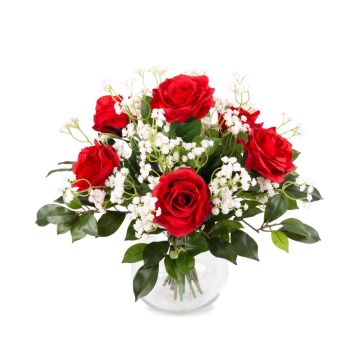Bouquet de roses artificielles ELLI, gypsophile, rouge, 35cm, Ø30cm