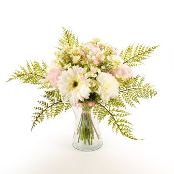 Bouquet artificiel MALIA, rose, oeillet, gerberas, blanc-rose, 40cm, Ø30cm