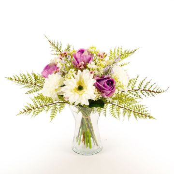 Bouquet artificiel MALIA, rose, oeillet, gerberas, blanc-lilas, 40cm, Ø30cm