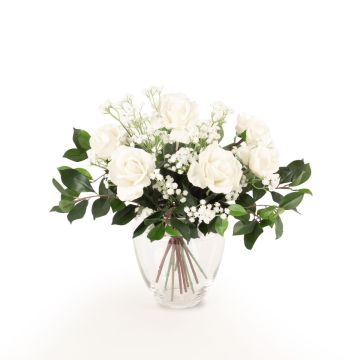 Bouquet artificiel AMELIE, roses et gypsophile, blanc, 45cm, Ø40cm