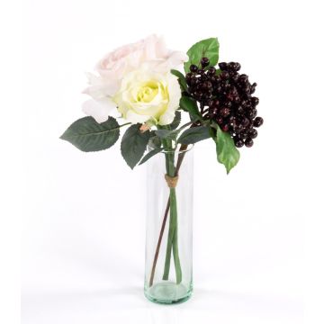 Arrangement de roses artificielles QUINZY, baies, rose-blanc, 30cm, Ø15cm