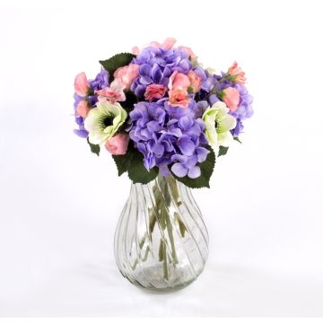 Bouquet décoratif PENELOPE, anémones et hortensias, violet-blanc, 30cm, Ø20cm
