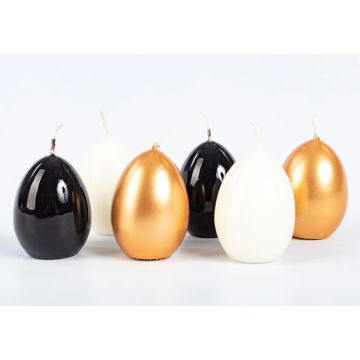 Bougies œufs de Pâques LEONITA, 6 pièces, doré-noir-ivoire, 6cm, 4,5cm, 7h - Made in Germany