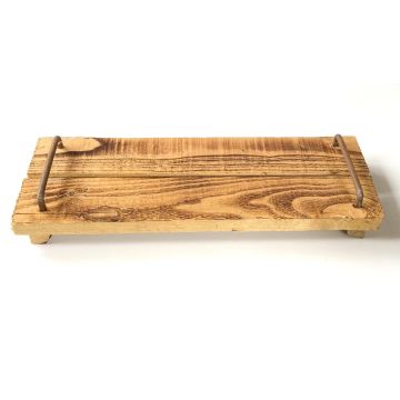 Plateau en bois au style vintage FENRIK avec anse, naturel-flammé, 50x14x4cm
