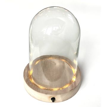 Cloche en verre BENIGNA avec LEDs, fond en bois, transparent, 25cm, Ø17cm